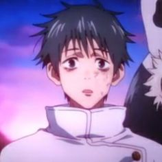 an anime character with black hair wearing a white jacket and looking off to the side