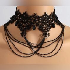 “Guipure Lace” Black Victorian Ornate Floral Fabric Crochet Crisscross Dangling Loop Chains Black Teardrop Bead Art Deco Vintage/Antique Style Glorious Glamorous Elegant Gothic Chic Statement Bib Choker Collar Necklace. Real Black Lace Elaborate Delicate Fabric Collar With Black Dangling Loop Chains That Crisscross Over One Another And Black Teardrop Beads Seated In The The Low Points Of The Lacey “V’s”. Absolutely Gorgeous! Perfect For That Little Black Dress/Formal Occasion/Night Out On The To Halloween Black Chain Choker, Gothic Chain Choker For Party, Black Gothic Choker With Chain, Black Gothic Chain Choker, Black Gothic Choker For Evening Wear, Gothic Black Choker For Evening, Black Chain Choker For Party, Gothic Black Beads Choker For Parties, Gothic Black Beads Party Choker