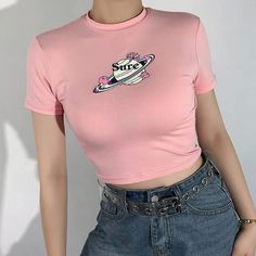 Sure Planet Printed Pink Tee sold by Violetlace Boutique on Storenvy Blue T Shirt Outfit, Planet Graphic, Kawaii Ulzzang, Goth Kawaii, 00s Fashion, T Shirt Outfit, Women Fashion Edgy, Soft Aesthetic, Pink Crop Top