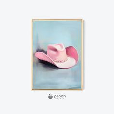 a painting of a pink cowboy hat on a blue background