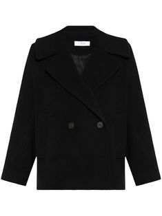 black wool double-breasted button fastening long sleeves classic lapels front flap pockets Yoko London, City Dress, Iconic Bags, Coat Black, Summer Beach Wear, Ski Wear, Black Wool, Black Coat, Jacket Tops