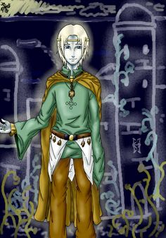 a drawing of a man with blonde hair wearing a green shirt and brown pants standing in front of a building