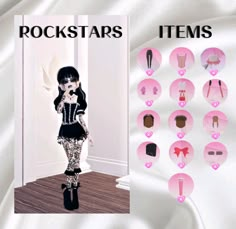 an image of rockstars items displayed on a white sheet with pink and black background