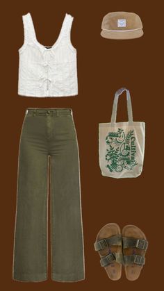 Sage Green Pants Outfits, Hippie Academia, Emerald Green Outfit, Granola Fits, Granola Outfits, Spring Wishlist, Boho Fits, Outfit Inso, Build A Wardrobe