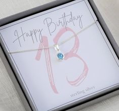 Sterling silver 13th birthday birthstone necklace, makes the perfect gift to mark this special milestone birthday. Choose either her birthstone or favourite colour from the birthstone chart. The necklace is displayed on a pretty 13th birthday presentation card.  It is tucked inside a luxurious Georgia & Grace jewellery box and secured with a hand tied ribbon. If required a handwritten gift card will be tucked under the bow, ready for gifting. Matching items available. The necklace measures 18 in Silver May Birthstone Necklace For Birthday, Silver Birthstone Necklace For May Birthdays, Silver Birthstone Necklace For Birthday And Mother's Day, Silver Birthstone Necklace For Birthday, Silver Necklace For May Birthstone Birthday, Silver Birthday Necklaces With May Birthstone, Silver Necklace For Birthday With May Birthstone, Silver Necklace With May Birthstone For Birthday, Silver Necklace With May Birthstone