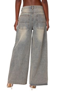 Low-slung, nonstretch-denim jeans are crafted with puddling hems and turned to the perfect faded grey wash. Zip fly with button closure Five-pocket style 100% cotton Machine wash, dry flat Imported Cheap Denim Jeans With Zip Fly, Gray Women's Jeans, Cheap Acid Wash Mid-rise Bottoms, Baggy Wide Leg Jeans, Visionary Fashion, Swimwear Dress, Grey Wash, Jeans Online, Low Rise Jeans