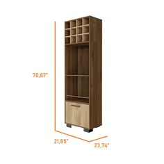 a tall wooden bookcase with drawers and shelves