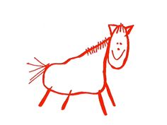 a drawing of a horse with red lines on it's body and head, standing in front of a white background