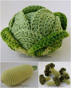 crocheted vegetables are shown in three different pictures, one is green and the other is white