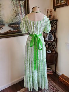 Vintage Bridgerton Cottagecore Prairie Dress Regency Gown Green Floral Garden | eBay Summer Green Gown With Fitted Bodice, Green Gown With Fitted Bodice For Summer, Spring Green Gown With Fitted Bodice, Green Fitted Bodice Maxi Dress, Green Gown For Spring Garden Party, Elegant Green Cotton Maxi Dress, Garden Party Dress With Fitted Bodice, Fitted Green Maxi Dress For Garden Party, Summer Green Floral Print Gown