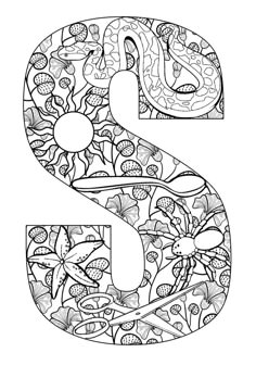 the letter s is made up of flowers and leaves, outlined in black and white