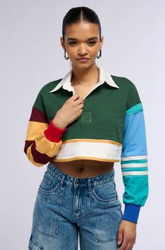 VARSITY LETTER LONG SLEEVE CROPPED POLO SHIRT – AKIRA Green Color Block Sporty Tops, Sporty Green Color Block Tops, Cotton College Tops With Contrast Color, Cotton Tops With Contrast Color For College, Contrast Color Cotton Tops For College, Sporty Cotton Tops With Collared Neckline, Green Sporty Polo Collar Top, Sporty Collared Cotton Tops, Trendy Collared Tops With Contrast Color