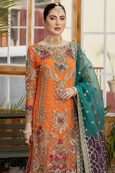 Look Beautiful in Luxury Embroidered Pakistani Party Dress Long Kameez Gharara Suit, a Stunning Masterpiece Pakistani Salwar Kameez Style Gharara Suit. Semi-stitched Orange Dress With Intricate Embroidery, Orange Georgette Sharara For Wedding, Orange Semi-stitched Sharara For Eid, Orange Sharara With Sheer Dupatta For Eid, Orange Chinon Sharara For Eid, Elegant Orange Sharara For Eid, Chinon Sharara With Intricate Embroidery For Party, Festive Sharara With Intricate Embroidery For Eid, Orange Chinon Sharara For Wedding