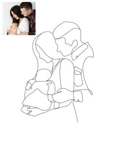 a man and woman holding a baby in their arms, with the drawing above them