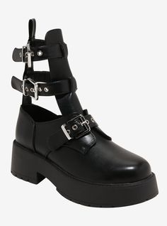 Gear up for hot ghoul summer in these black boots! They feature strappy buckles  plus cutout detailing to keep you fresh and looking cool.Listed in women's sizes.2'' platformPolyurethane upper & soleImported Spring Buckle Closure Ankle Platform Boots, Spring Ankle Platform Boots With Buckle Closure, High Ankle Platform Boots With Buckle In Faux Leather, Edgy High-top Platform Boots With Buckle Closure, Edgy Platform Boots With Buckle Closure And Round Toe, Edgy High-top Platform Boots With Buckle, Edgy Platform Boots With Buckle Closure For Streetwear, Edgy Boots With Buckle Closure For Spring, Edgy Streetwear Platform Boots With Buckle Closure