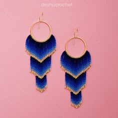 Blue Gradient Gold Beaded Earrings Ombre Long Fringe Light - Etsy Costa Rica Ombre Seed Bead Earrings, Fringe Light, Gold Beaded Earrings, Anting Manik, Blue Beaded Earrings, Gold Bead Earrings, Beaded Earrings Tutorials, Beadwork Designs, Beaded Earrings Diy