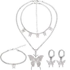 PRICES MAY VARY. What you get: 1 piece big butterfly pendant necklace; 1 Piece crystal pendant necklace; 1 Piece butterfly bracelet; 2 Pairs butterfly earrings Quality material: it comes with cubic zirconia and alloy, safe to wear, will not cause irritation to your skin, comfortable to wear, which is totally clean and transparent, shining, this women necklace with big bling butterfly, and the butterfly charm catches the light because of the shiny rhinestones, making it noticeable Butterfly desig Kendra Scott Butterfly Necklace Silver, Bracelet Butterfly, Big Butterfly, Choker Pendant, Rhinestone Chain, Butterfly Pendant Necklace, Butterfly Bracelet, Women Necklace, Butterfly Jewelry