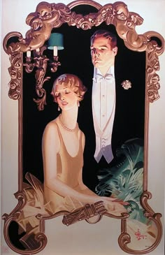 a painting of a man and woman sitting next to each other in front of a mirror