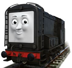 a black and white thomas the tank engine with eyes on it's head is smiling