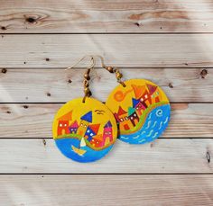 3d Print Jewelry, Colorful Houses, Boho Style Earrings, Hand Painted Earrings, Painted Earrings, Earrings Colorful, Printed Jewelry, Modern Earrings, Circle Earrings