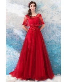 Buy Long Red A Line Elegant Tulle Wedding Party Dress With Cape at wholesale price online. Free shipping and pro custom service since 2009. Red Floor-length Ball Gown For Banquet, Red Ball Gown Evening Dress For Banquet, Red Ball Gown For Banquet, Red A-line Evening Dress With Sweep Train, Red Ball Gown With Sweep Train For Banquet, Fitted Red Wedding Dress For Banquet, Red Fitted Wedding Dress For Banquet, Fitted Red Ball Gown For Wedding, Red Fitted Ball Gown For Wedding