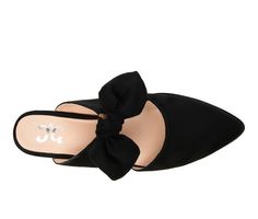 If you love mules and you love bows, say hello to the Telulah mule by Journee Collection. This beautiful flat is a classic with its pointed toe, and big bow accent. You can never go wrong with a shoe like this. Slip it on, and you�re good to go! Micro suede upper,Slip-on entry,Approx. 1/2 inch heel,Classic pointed toe,Padded insole for added comfort,Synthetic outsole,Bow accent for added style | Women's Journee Collection Telulah Mule Flats in Black Size 7.5 Medium Chic Flat Mules For Party, Pointed Toe Bow Mules For Party, Evening Mules With Bow And Pointed Toe, Party Slip-on Heels With Bow, Party Mules With Bow And Pointed Toe, Party Bow Mules With Pointed Toe, Party Bow Slip-on Heels, Spring High Heel Mules With Bow, Low Heel Mules For Party In Fall