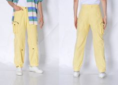 "Vintage 90s Unisex Pastel Yellow Grunge Cargo Pants Marked size: D38 GB12 Estimated Size: XS waist 28\" Inside leg: 28.8 In (73 cm) Pants total length: 39 In (99 cm) Waist: 28.4 In (72 cm) Rise: 11.1 In (28 cm) Material: 68% cotton 32% nylon The model in this pic is 180cm (5ft 10) 🔑 Trust in divine plan 🔑 Be sure to contact us with any questions :) Follow us on Facebook (fb.com/magicxkale) and IG - magicxkale" 90s Parachute Pants With Cargo Pockets, 90s Summer Parachute Pants With Cargo Pockets, 90s High Waisted Pants With Cargo Pockets, 90s Style Full-length Parachute Pants With Pockets, 90s Baggy Parachute Pants For Spring, 90s Full-length Parachute Pants With Pockets, 90s Style Full-length Pants With Side Pockets, 90s Style Parachute Trousers For Spring, 90s Full-length Pants With Side Pockets