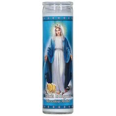 a candle with an image of the virgin mary