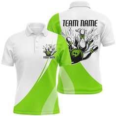 a green and white polo shirt with bowling balls on the front, two bowling pins in the back