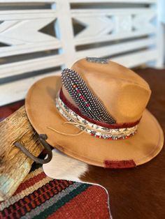 Is anything sweeter than this western inspired felt fedora? The custom hat band is embellished with delicate Czech beads in reds, plums, and gold, a beaded Guinea feather, and is hand burned for a broken-in look. Pair it with a sweater and jeans for chilly-weather boho vibe One size fits most and inside band is adjustable. Colors may appear slightly different in the photo due to variations in screen display and lighting. Artisan Fedora With Short Brim For Fall, Rustic Festival Hat Bands For Short Brim Hats, Rustic Adjustable Felt Hat For Festival, Rustic Hat Bands For Kentucky Derby Festival, Adjustable Top Hat For Country Events In Fall, Country Style Fedora Felt Hat For Festival, Artisan Short Brim Felt Hat For Fall, Vintage Fedora Mini Hat For Festivals, Artisan Felt Hat With Short Brim For Fall