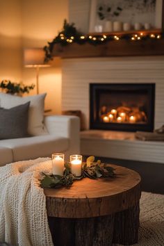 two candles are lit on a wooden table in front of a fire place and couch