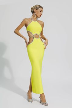 Elegant Yellow Backless Mini Dress, Glamorous Yellow Mini Dress, Yellow Party Dress For Prom Season, Yellow Embellished Party Dress, Yellow Fitted Dress For Homecoming, Fitted Yellow Homecoming Dress, Fitted Yellow Dress For Homecoming, Glamorous Yellow Dress For Prom, Glamorous Yellow Party Dress