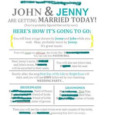 an image of a wedding program with the words here's how it's going to go