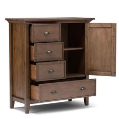 a wooden cabinet with five drawers and one door open