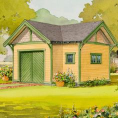 a painting of a small yellow and green house with flowers in the front yard area