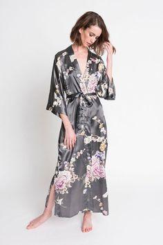 Long Loungewear Robe With Tie Waist, Long Robe With Tie Waist For Loungewear, Long Daywear Robe With Tie Waist, Long Robe With Tie Waist For Daywear, Long Kimono Cardigan, Lounge Robes, Satin Kimono, Peacock Color, Kimono Wrap