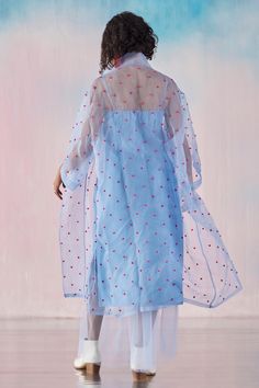 Boy blue sheer trench coat featuring contrast pom-pom embroidery. Paired with a slip dress in cotton satin with a frilled hemline., Fit: Relaxed Organza Embroidery, Blue Trench Coat, Pattern Embroidery, Satin Color, Dress Cotton, Boy Blue, Three Quarter Sleeves, Aza Fashion, Dress For Women