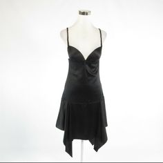 Black Satin Sweetheart Spaghetti Straps Handkerchief Hem Hidden Side Zipper Built-In Cups Twisted Shoulder Straps Brand: Carlos Miele Size: Medium Shoulders: 14" Bust: 28" Waist: 30" Hip: 38" Length: 47" 95% Silk, 5% Elastane Lining Is 100% Polyester 37-770 Black Flirty Sleeveless Slip Dress, Black Slip Dress With Sweetheart Neckline For Evening, Black Slip Dress With Adjustable Straps For Party, Elegant Black Cami Slip Dress, Black Slip Dress With Sweetheart Neckline For Party, Black Flirty Slip Dress With Spaghetti Straps, Black Cami Slip Dress For Evening, Black Slip Dress With Adjustable Straps For Evening, Black Slip Dress For Summer Dinner