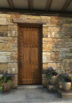 a wooden door sitting in front of a stone building with potted plants on either side