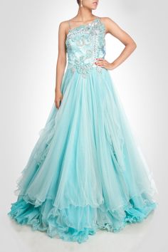 This stunning gown is in sky blue color. Three layers of net giving it stunning look. Inner layer is made of satin silk. Yoke is made of zardozi work in silver color. Customization accepted. Made to order Sky Blue Gown, Indo Western Gowns, Pastel Gown, Indowestern Dresses, Western Gowns, Net Gown, Indo Western Gown, Net Gowns, Indian Wedding Gowns