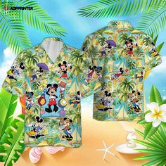 Mickey Aloha Button Up Shirt, Summer Disney Hawaiian Shirt, For Men Women Disney Character Print Summer Shirt, Summer Cartoon Print Shirt For Disney Fan Events, Fun Mickey Mouse Shirt For Disney Trips, Disney Style Tops For Summer Fan Events, Disney Cartoon Print Summer Shirt, Mickey Mouse Shirt For Disney Fan Events In Summer, Disney Themed Short Sleeve Shirt, Disney Multicolor Character Print Shirt, Multicolor Disney Character Print Shirt