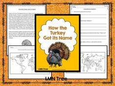 the turkey got its name worksheet is shown with an orange background and yellow border