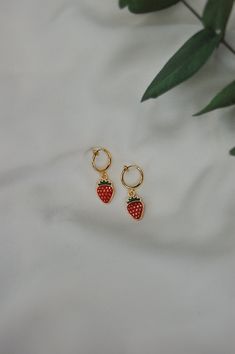 Cute Hypoallergenic Huggie Earrings, Cute Hypoallergenic Hoop Earrings, Cute Huggie Hoop Earrings, Trendy Strawberry Print Jewelry As Gift, Trendy Strawberry Print Jewelry Gift, Cute Adjustable Huggie Earrings, Cute Strawberry Print Earrings For Gifts, Trendy 14k Gold Filled Huggie Earrings For Gift, Trendy 14k Gold Filled Huggie Earrings As Gift