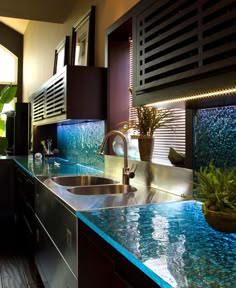 a kitchen with blue glass counter tops and wooden cabinets in the center, along with potted plants