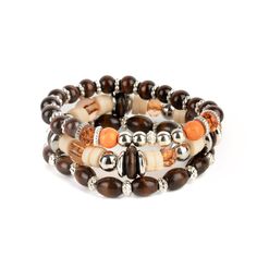 A Mismatched Collection Of Brown Wooden Beads, Silver Accents, Orange Stones, Buttercream Discs, And Glassy Desert Mist Beads Are Threaded Along Stretchy Bands, Creating Colorful Layers Around The Wrist. Sold As One Set Of Three Bracelets. Multicolor Bracelet, Wood Bead Bracelet, Yellow Necklace, Orange Stone, Cats Eye Stone, Wood Bracelet, White Bracelets, Paparazzi Accessories, Stretchy Bracelets