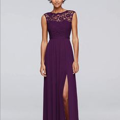 a woman in a long purple dress with an open back and lace detailing on the top