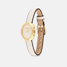 Designed with a modern minimalist sensibility the Sammy is a refined timepiece perfect for everyday. Finished with a leather strap this gold tone watch features a lacquer dial detailed with polished gold tone markers. | Coach Sammy Watch, 22 Mm - Women's - Chalk Coach Watches Women Gold, Chic Everyday Round Watches, Minimalist Formal Watch Accessories With Leather Strap, Modern Coach Gold Watch, Modern Gold Coach Watch, Coach Timeless Gold Watch, Minimalist Leather Watch Accessories For Formal Wear, Minimalist Gold Watch Accessories, Chic Gold Everyday Watch