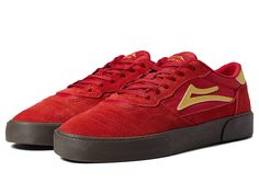 Lakai Cambridge - Men's Shoes : Red/Gum Suede 1 : Modern aesthetic meets vintage design with the skate-ready Lakai Cambridge skateboard shoes! Skate shoe in a low-top silhouette featuring a mix of contemporary and classic styles. Uppers of suede, mesh, and perforated synthetic leather. Lace-up closure. Textile lining for breathable wear. DELUX-LITE footbed for cushioned comfort. PARA-MOUNT outsole offers advanced vulcanized technology for grippy performance. Imported. Measurements: Weight: 1 lb Suede Round Toe Sneakers For Skateboarding, Red Skate Shoes With Rubber Waffle Outsoles For Streetwear, Skateboarding Sneakers With Perforated Toe Box, Red Leather Skateboarding Sneakers, Skateboarding Sneakers With Gum Sole, Red Leather Skate Shoes With Gum Sole, White Vulcanized Sole Skate Shoes, Suede Lace-up Skate Shoes For Skateboarding, High-top Suede Skate Shoes With Branded Insole