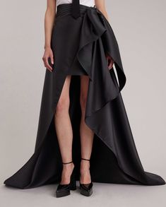 Pre-draped Asymmetrical Skirt For Evening, Elegant Black Draped Bottoms, Formal Pre-draped Flowy Skirt, Black Draped Bottoms For Evening, Silk Full-length Bottoms For Wedding, Pre-draped Long Skirt For Party, Elegant Draped Evening Maxi Skirt, Elegant Draped Maxi Skirt For Evening, Voluminous Asymmetrical Draped Skirt For Evening