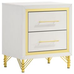 a white and gold nightstand with two drawers on one side, the other is open